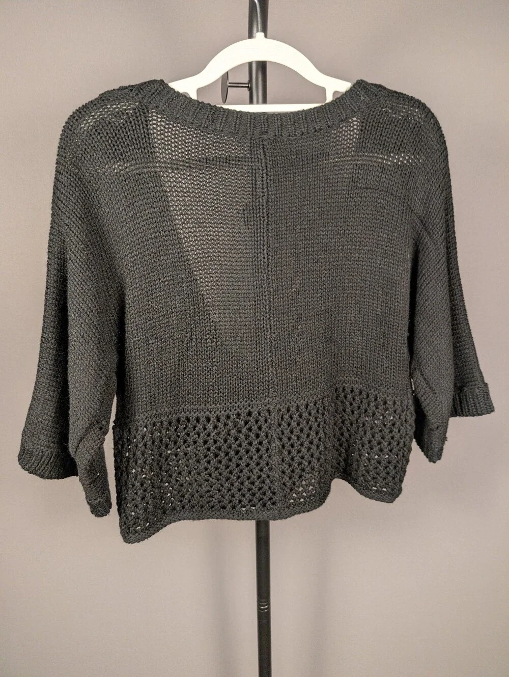 Black Cable Knit Crochet Openwork Cardigan Sweater Large A363